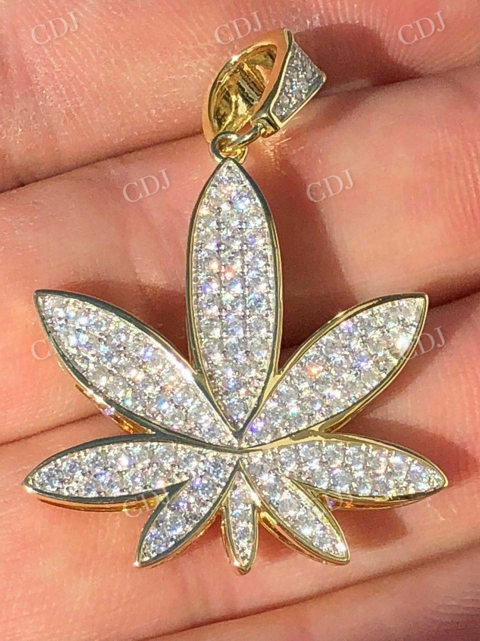 14K Gold Round Diamond Marijuana Weed Pendant  customdiamjewel   