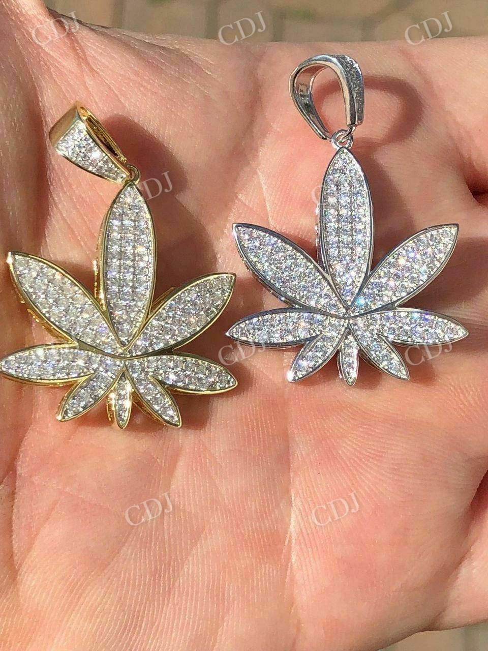 14K Gold Round Diamond Marijuana Weed Pendant  customdiamjewel   