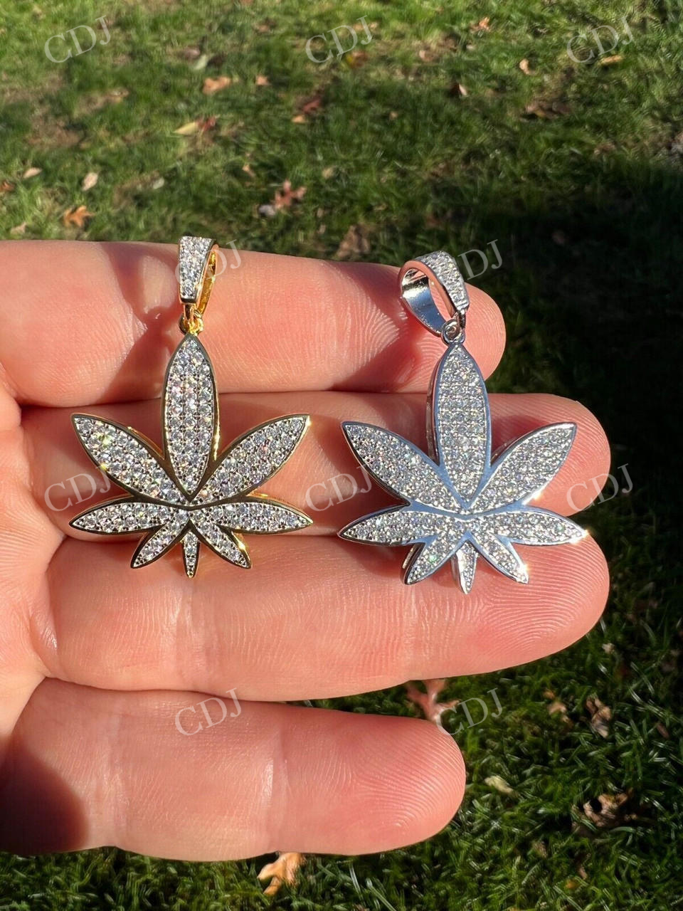 14K Gold Round Diamond Marijuana Weed Pendant  customdiamjewel   