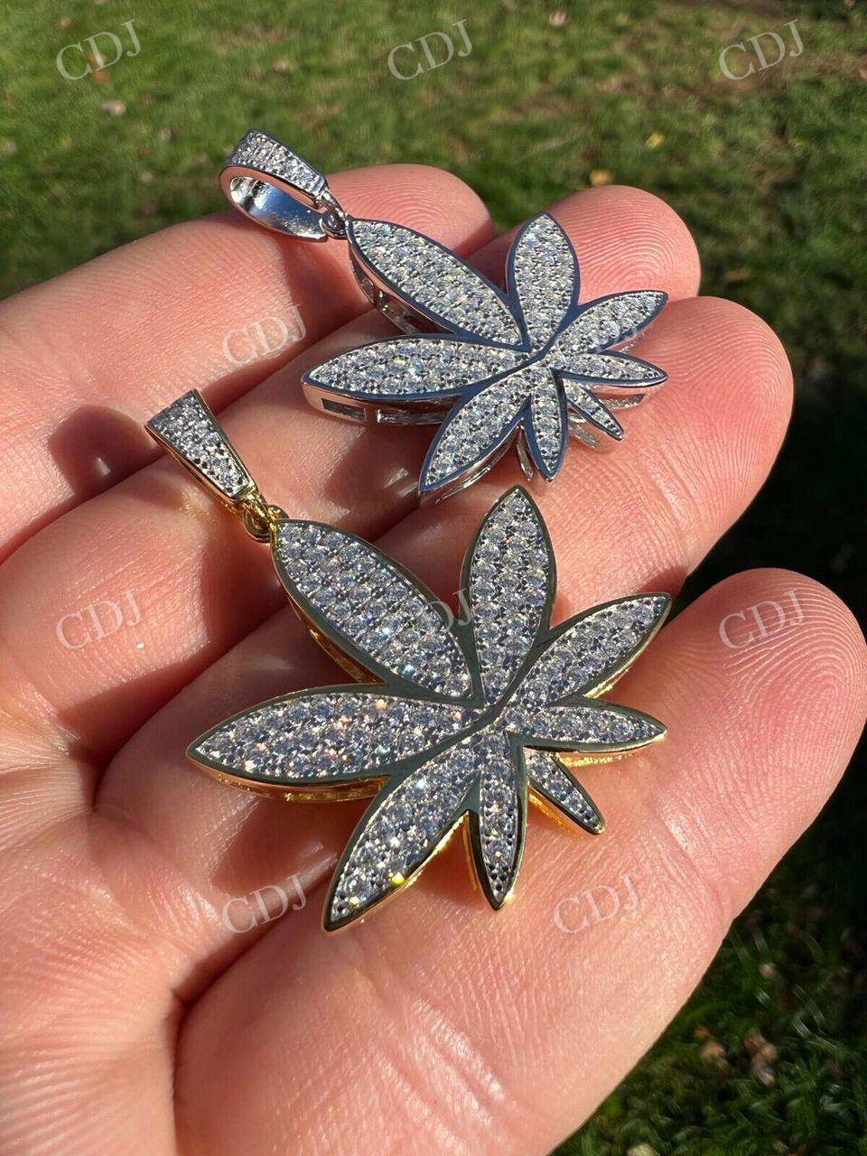 14K Gold Round Diamond Marijuana Weed Pendant  customdiamjewel   