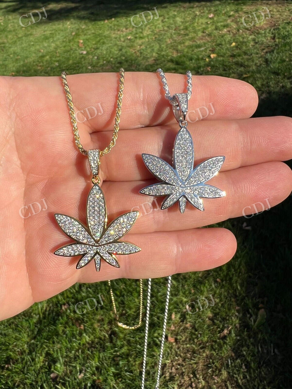 14K Gold Round Diamond Marijuana Weed Pendant  customdiamjewel   