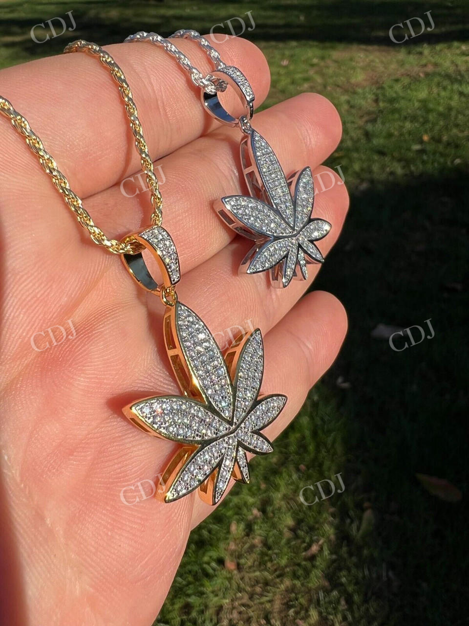 14K Gold Round Diamond Marijuana Weed Pendant  customdiamjewel   