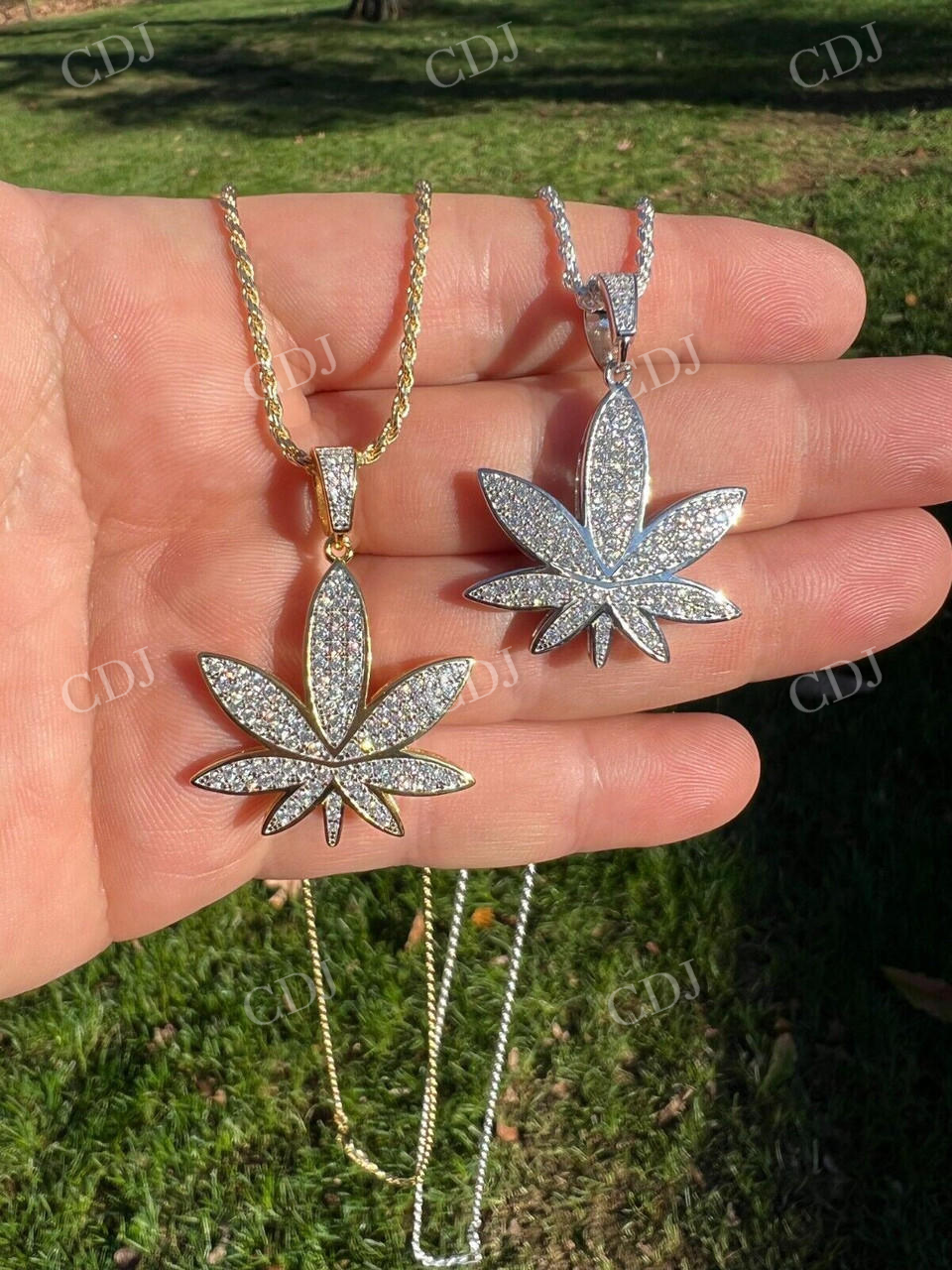 14K Gold Round Diamond Marijuana Weed Pendant  customdiamjewel   