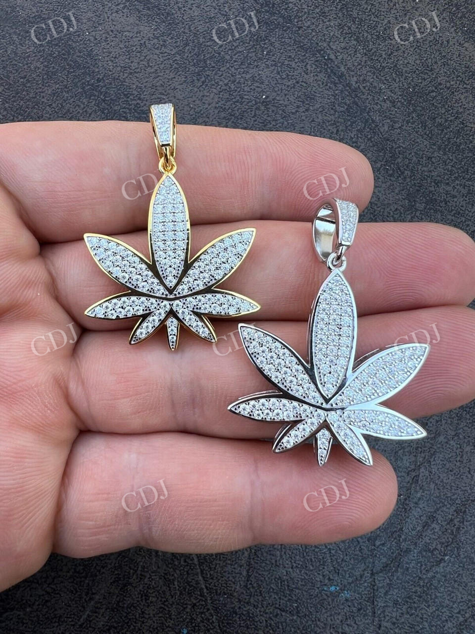 14K Gold Round Diamond Marijuana Weed Pendant  customdiamjewel   