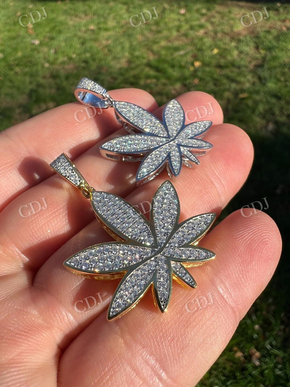 14K Gold Round Diamond Marijuana Weed Pendant  customdiamjewel   