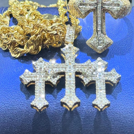 Yellow Gold Diamond Three Joint Crosses Hip Hop Pendant hip hop jewelry CustomDiamJewel   