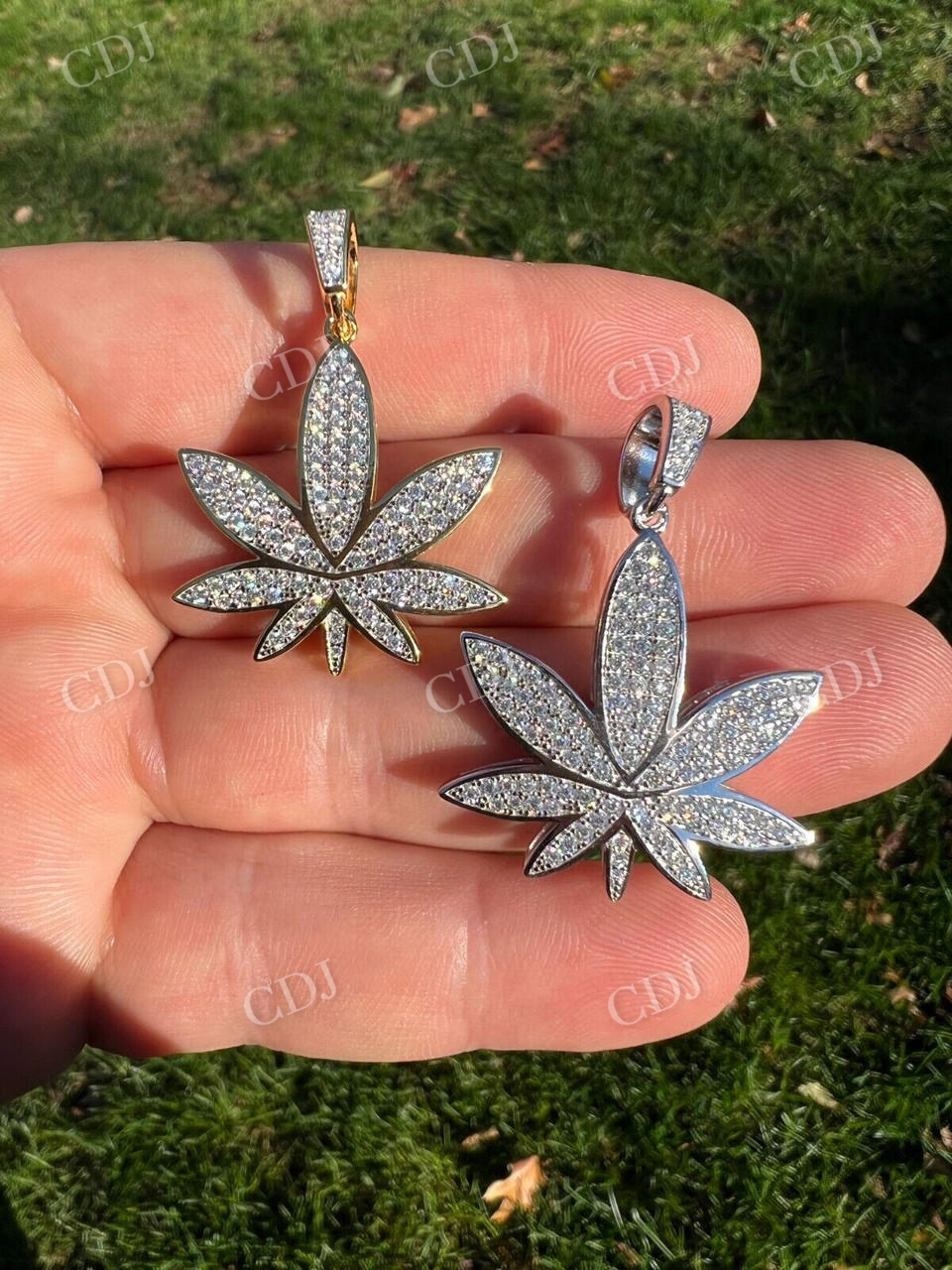 14K Gold Round Diamond Marijuana Weed Pendant  customdiamjewel   