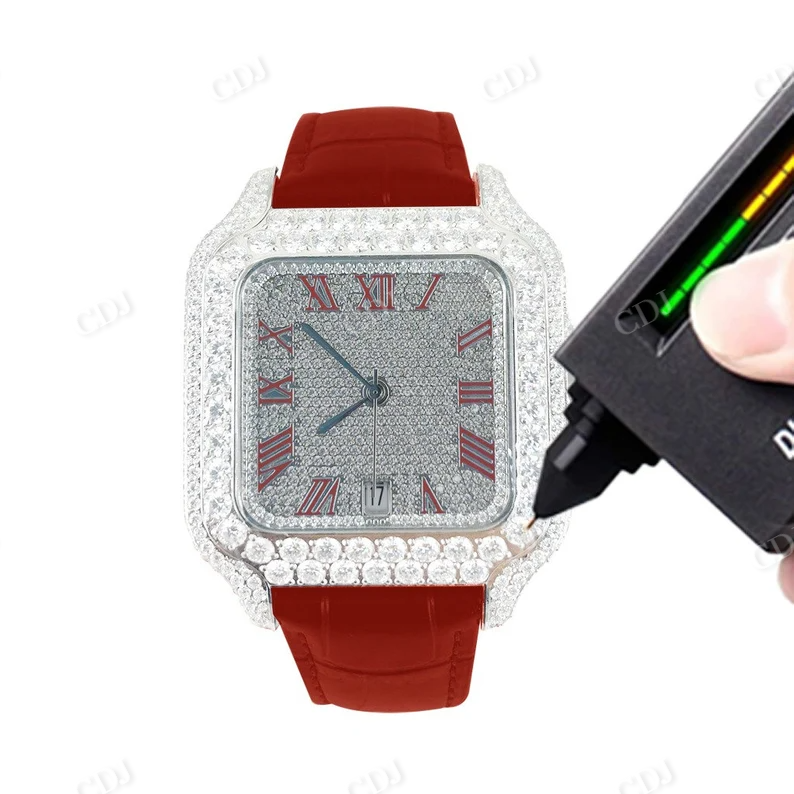 Hip Hop Diamond Red Leather Band Automatic Roman Dial Rapper Buss Down Watch  customdiamjewel   