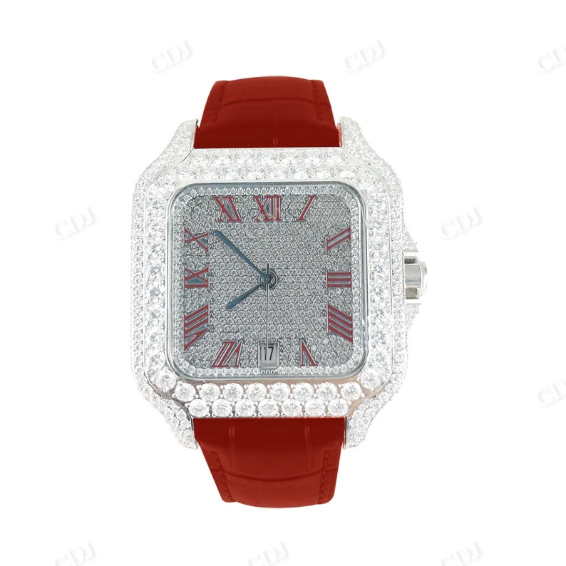 Hip Hop Diamond Red Leather Band Automatic Roman Dial Rapper Buss Down Watch  customdiamjewel   