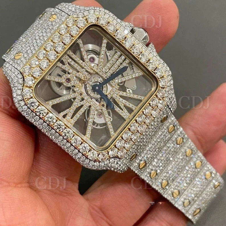 Cartier Mens VVS Moissanite Skeleton Dial Iced Out Automatic Stainless Steel Watch(24 to 27 CTW Approx.)  customdiamjewel   