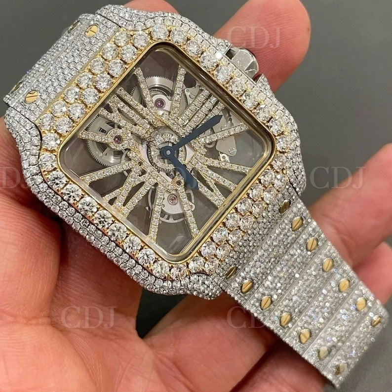 Cartier Mens VVS Moissanite Skeleton Dial Iced Out Automatic Stainless Steel Watch(24 to 27 CTW Approx.)  customdiamjewel   