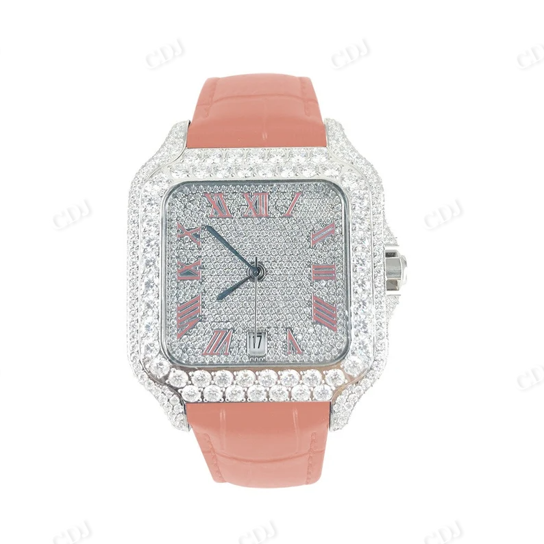 Diamond Hip Hop Bling Bust Down Iced Out Hip Hop Automatic Roman Dial Pink Leather Band Watch  customdiamjewel   