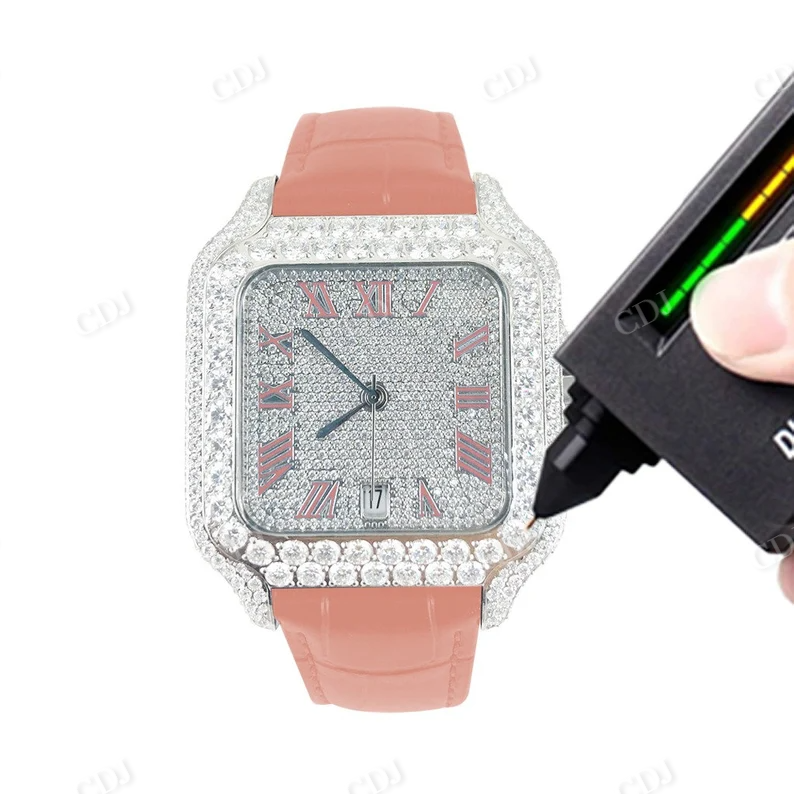 Diamond Hip Hop Bling Bust Down Iced Out Hip Hop Automatic Roman Dial Pink Leather Band Watch  customdiamjewel   