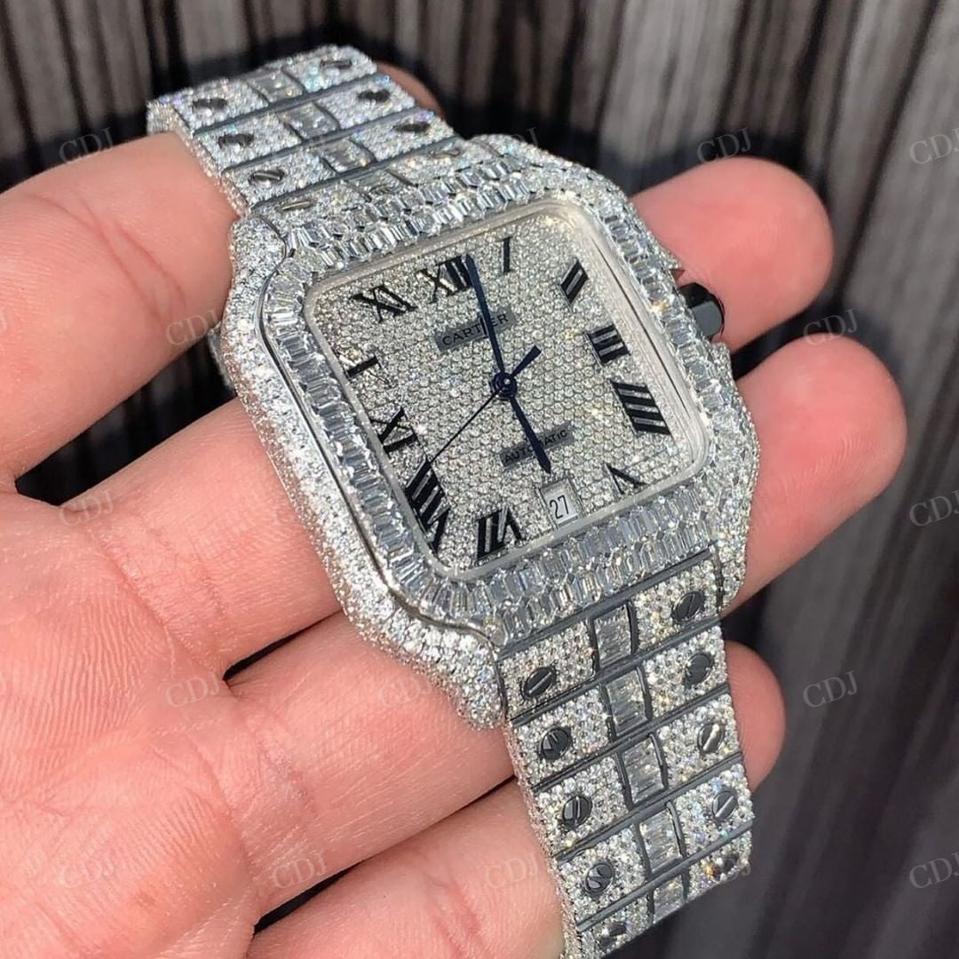 Stainless Steel Round and Bugatte Diamond Cartier Watch  customdiamjewel   