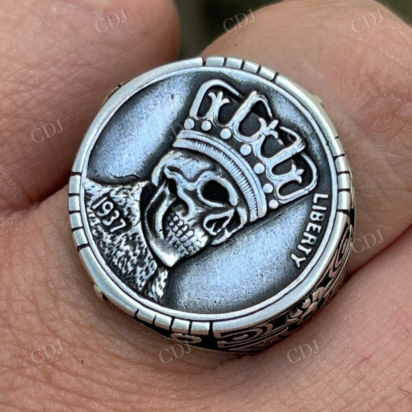 Sterling Silver Death King Skull with Crown Coin Hip Hop Ring  customdiamjewel   