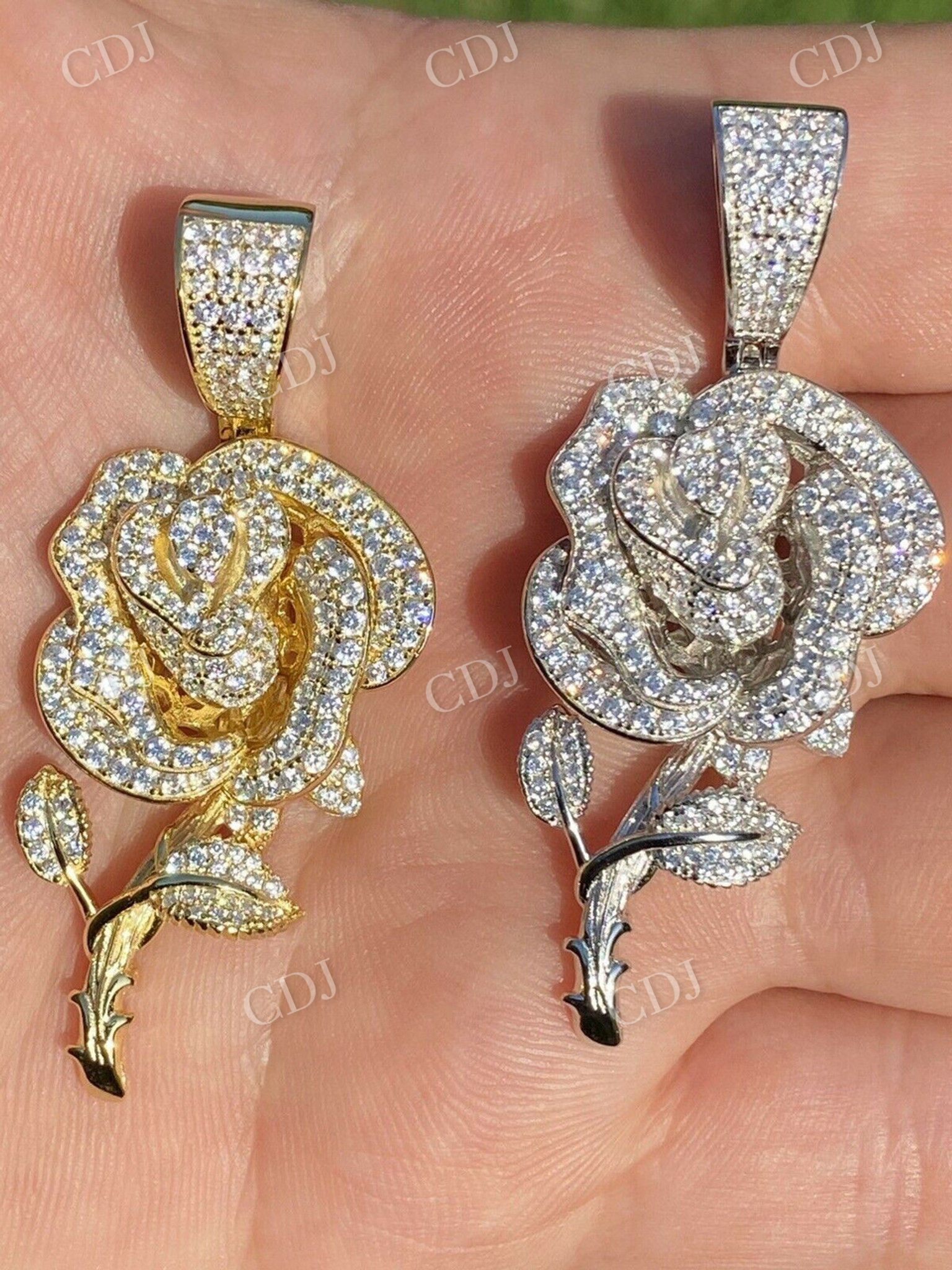 Ladies Solid Gold Rose Flower Iced Hip Hop Pendant  customdiamjewel   