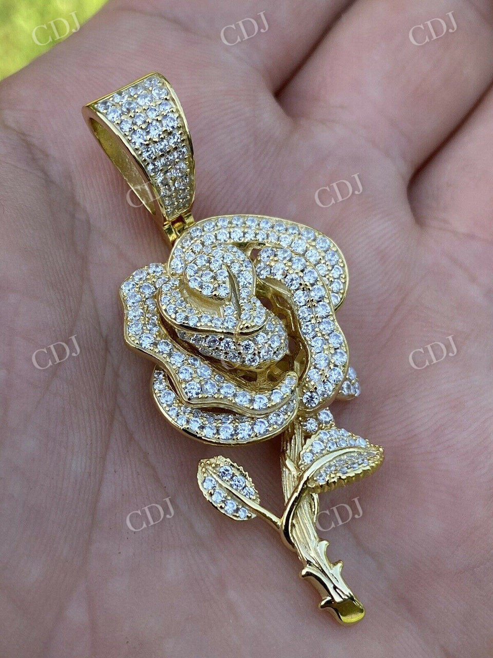 Ladies Solid Gold Rose Flower Iced Hip Hop Pendant  customdiamjewel   