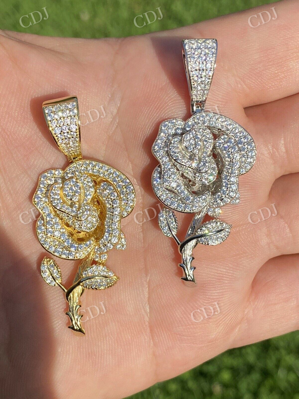 Ladies Solid Gold Rose Flower Iced Hip Hop Pendant  customdiamjewel   