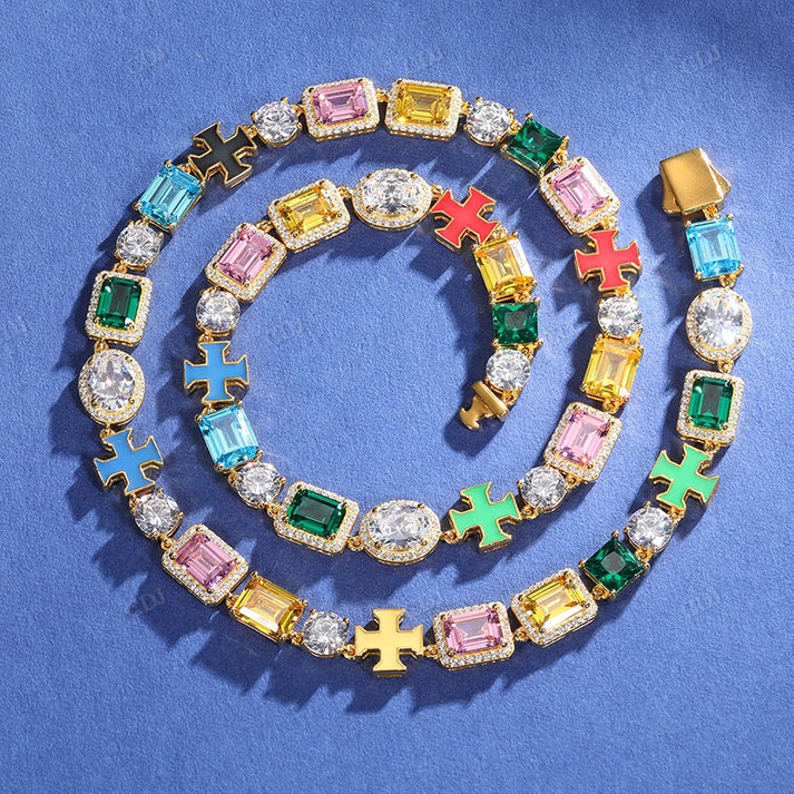 8MM Color Diamond Enamel Cross Tennis Chain hip hop jewelry CustomDiamJewel