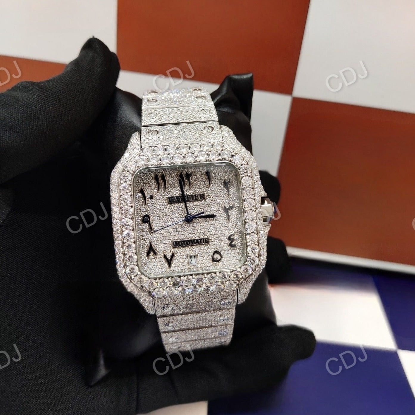 VVS Moissanite Studded Diamond Watch White Gold Plated Cartier Wrist Watches For Men Wholesale Manufacture  customdiamjewel   