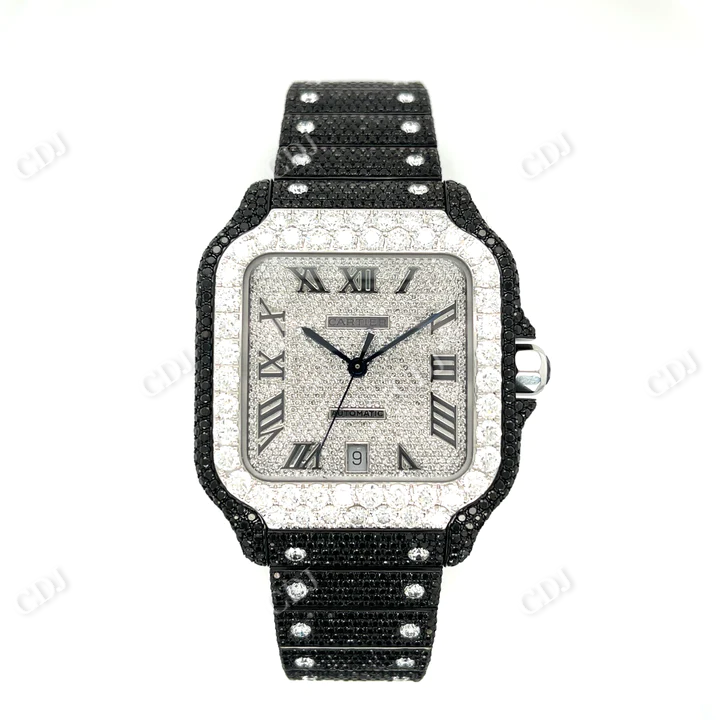 Cartier Santos Black And White Diamond Moissanite Watch  customdiamjewel   