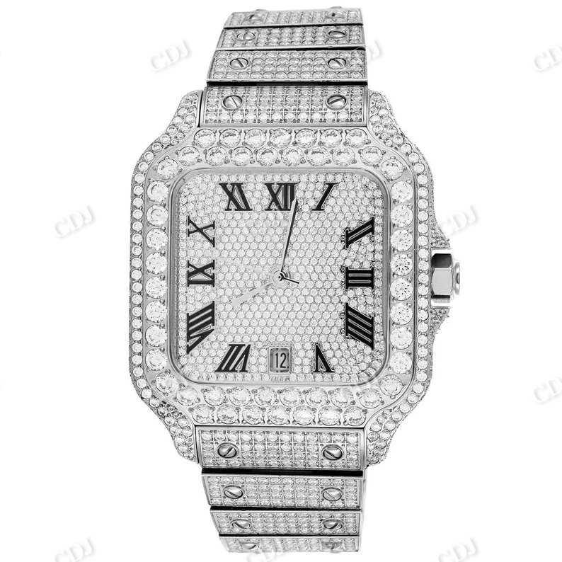 Cartier Automatic Date Just Iced Out Moissanite Luxury Men's Wrist Watch Roman Dial Hip Hop Watches  customdiamjewel   