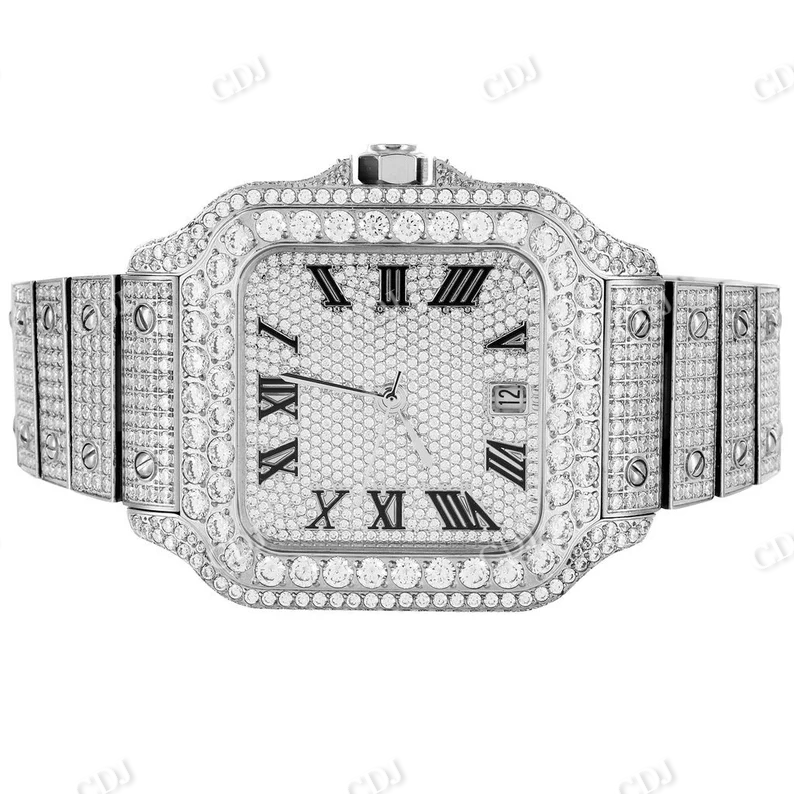 Cartier Automatic Date Just Iced Out Moissanite Luxury Men's Wrist Watch Roman Dial Hip Hop Watches  customdiamjewel   