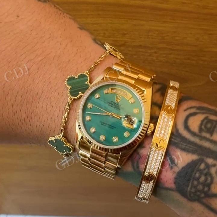 Solid Gold Plated Green Dial Rolex Hip Hop Watch With Van Clef Bracelet hip hop jewelry CustomDiamJewel