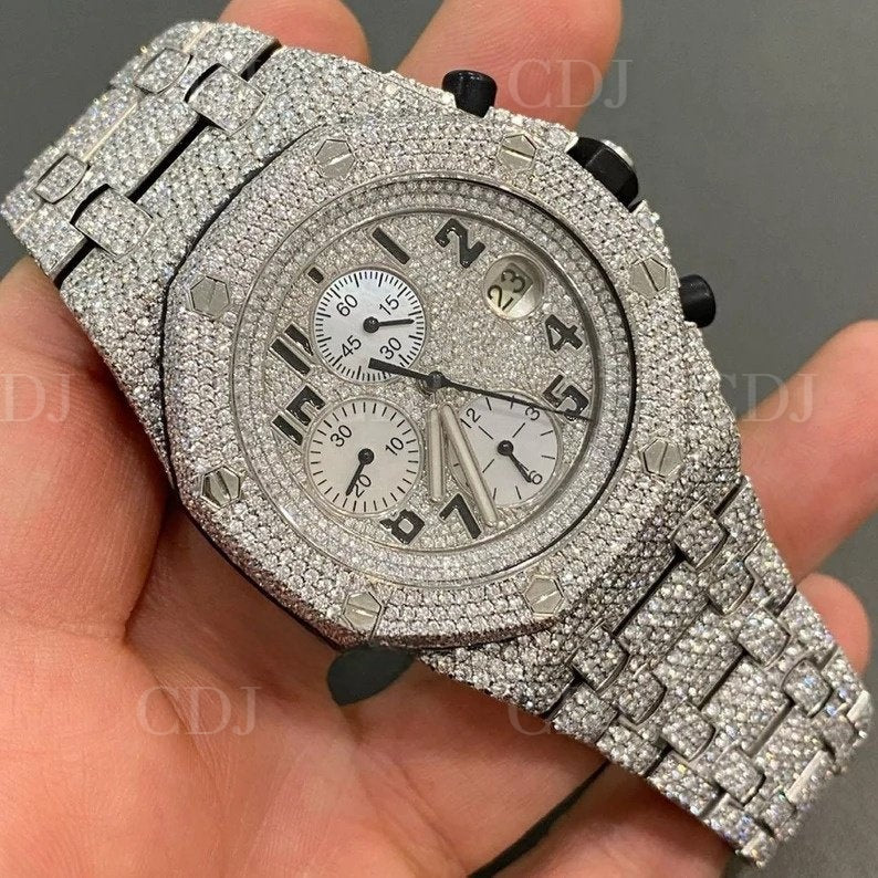 Luxury Full Ice Chronograph Edition Diamond Watch, Icy Full Diamond Buss Down AP Watch Gift For Him  customdiamjewel   