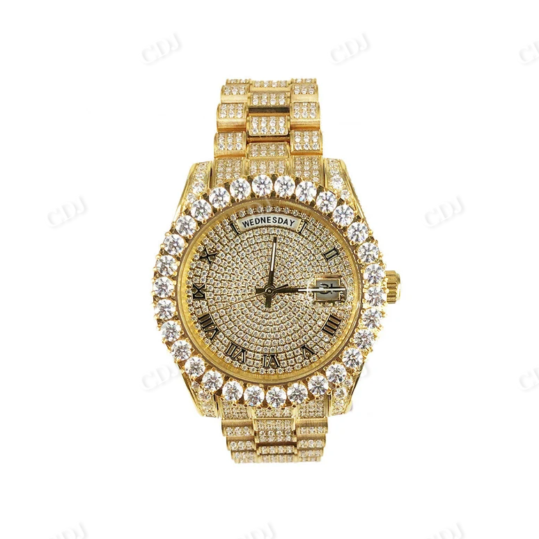 Stainless Steel Moissanite Round Face Yellow Gold Tone Luxury Designer Hip Hop Watch  customdiamjewel   