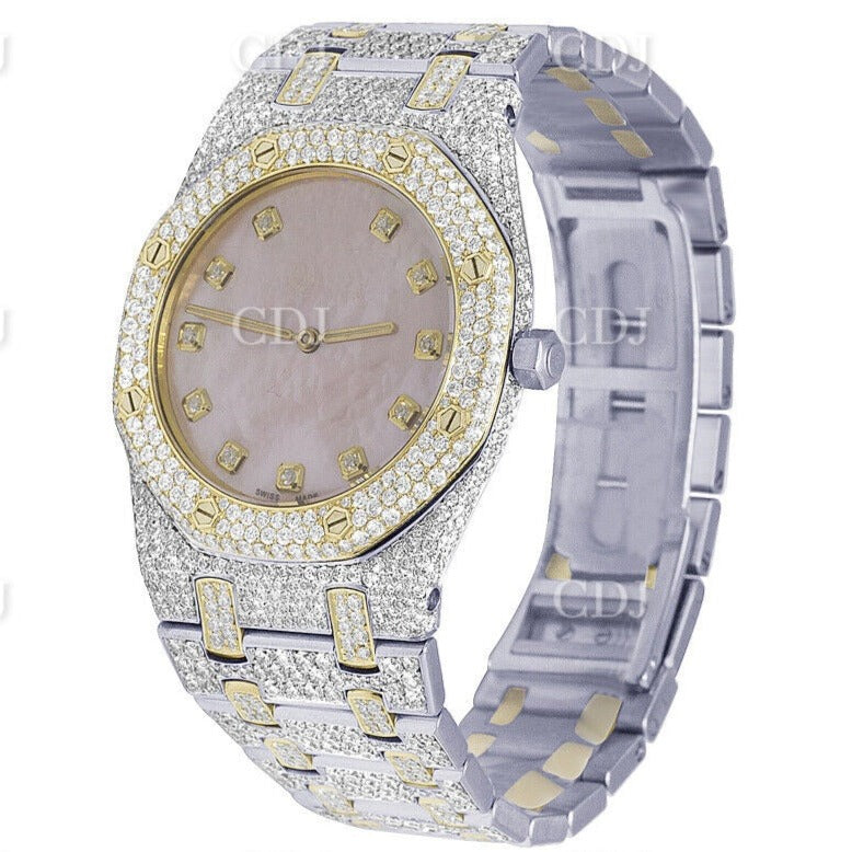 Moissanite Diamond Watch For Men AP Stainless Steel Watch Pink Dial Diamond Watch 12.5 CTW ( Approx)  customdiamjewel   