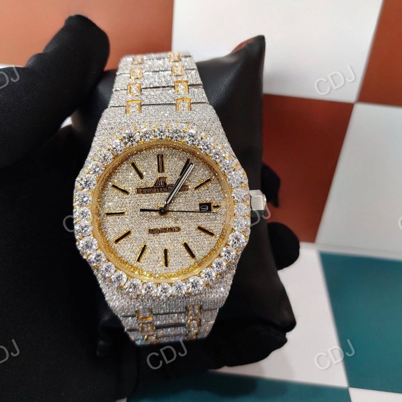 Natural Diamond Big Dial Watch Factory wholesale High Luxury Bling Jewelry Stainless Steel Mechanical Watches Yellow Gold Plated Watch  customdiamjewel   