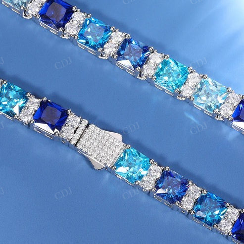 Trendy Design Blue Sapphire Princess Cut Tennis Chain For Men hip hop jewelry CustomDiamJewel