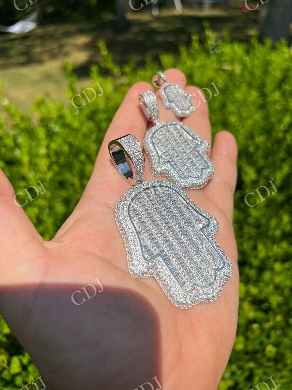 Hand Hamsa Iced Baguette Diamond Hip Hop Pendant  customdiamjewel   