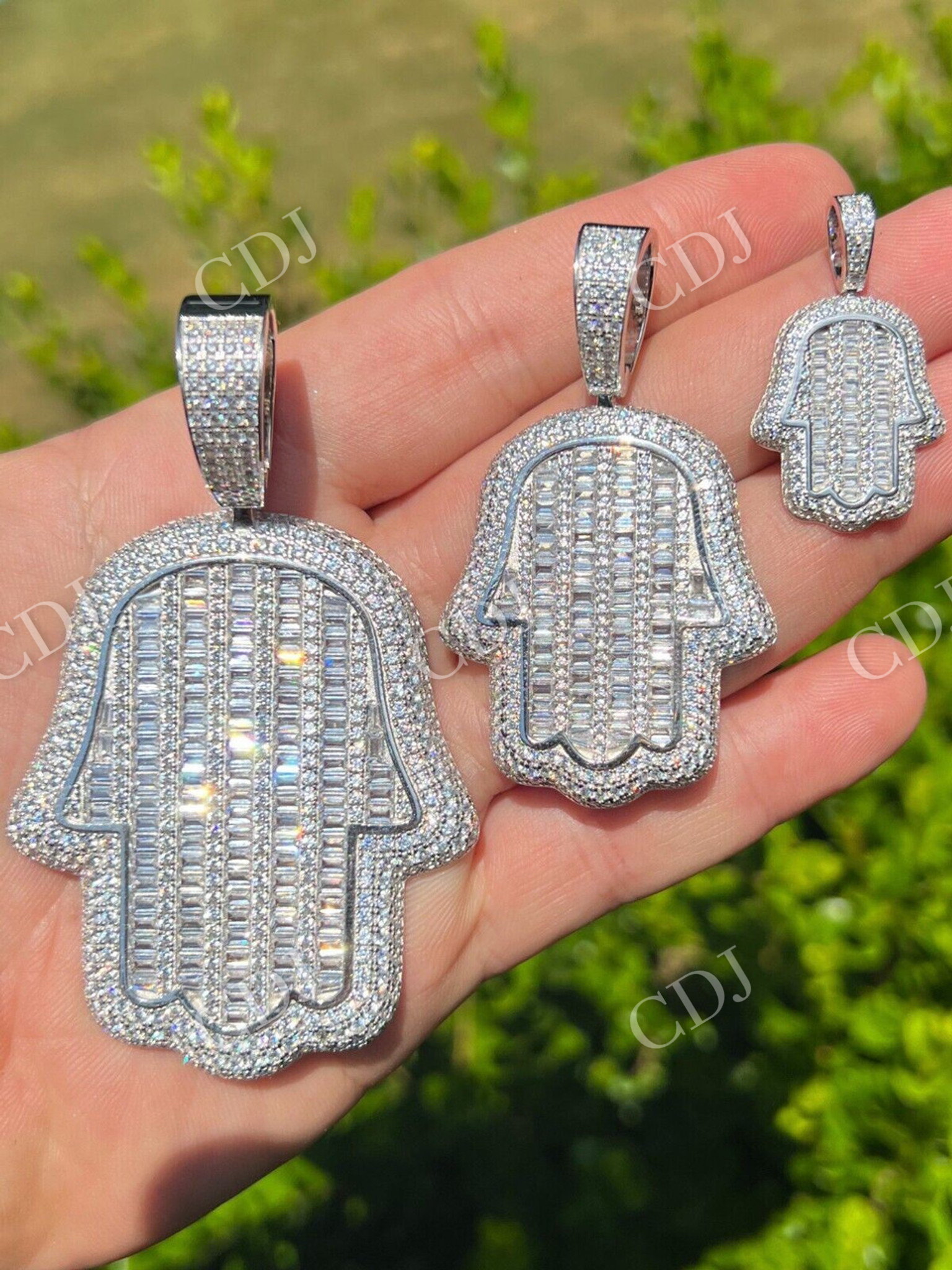 Hand Hamsa Iced Baguette Diamond Hip Hop Pendant  customdiamjewel   