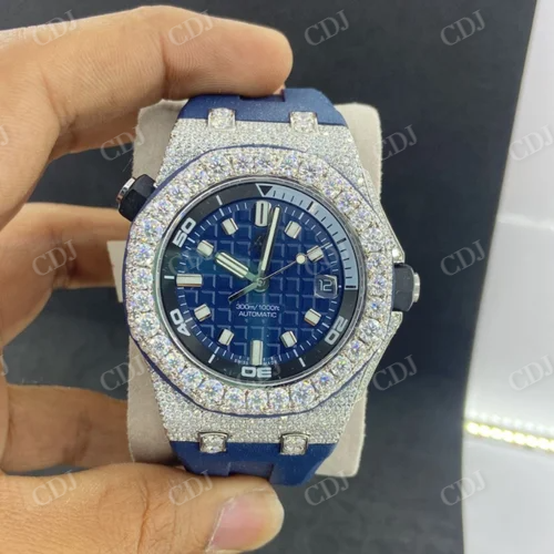 Moissanite Diamond Watch Blue Silicon Band Half Stainless Steel Mens Watch Hip Hop Watch Wholesaler Price  customdiamjewel   