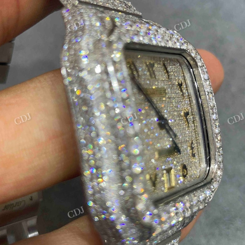 Full White Cartier Santos Arabic Dial Moissanite Watch  customdiamjewel   