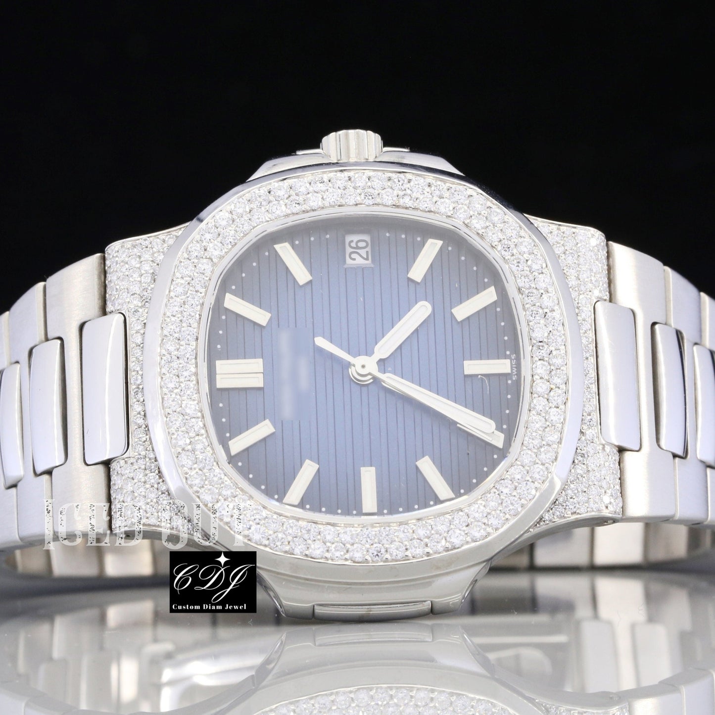 5 CTW (Approx.) Real Diamond Watch Blue Dial Hip-hop Swiss Watch  customdiamjewel   