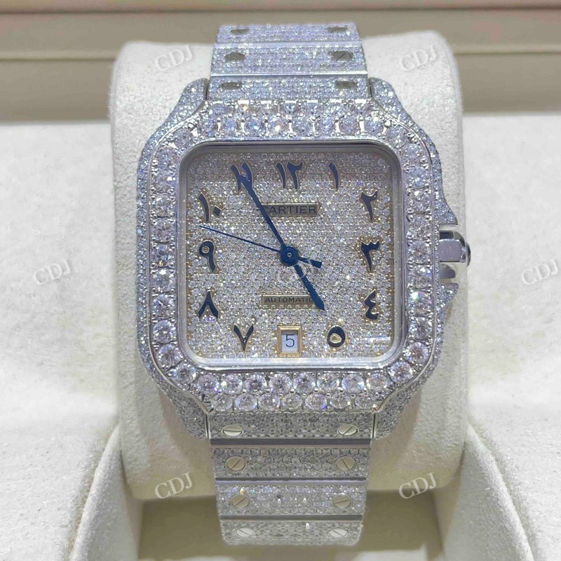 Full White Cartier Santos Arabic Dial Moissanite Watch  customdiamjewel   