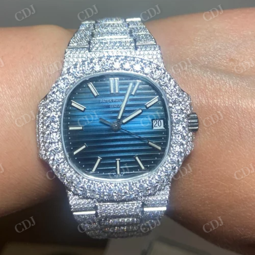 Patek Philippe Moissanite Diamond Watch Blue Dial Iced Out Diamond Watch 22 to 24 CTW (Approx)  customdiamjewel   