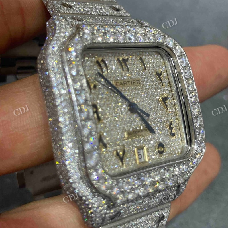 Full White Cartier Santos Arabic Dial Moissanite Watch  customdiamjewel   