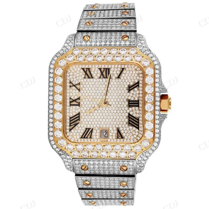 Fully Iced Out Diamond Two Tone Automatic Men's Watch Roman Dial Hip Hop Luxury Watch  customdiamjewel   