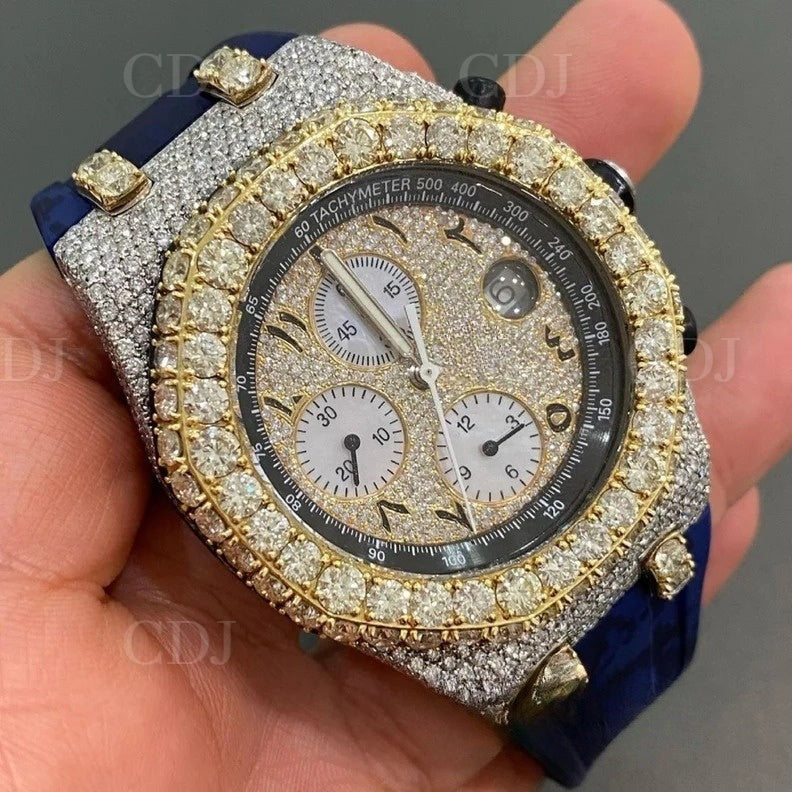 Custom Design Men's VVS Moissanite Studded Iced Out Watch For Men Blue Camo Silicon Belt Bust Down Handmade gold plated Watches  customdiamjewel   