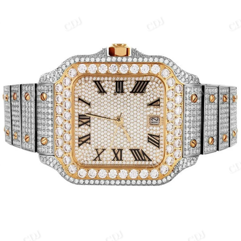 Fully Iced Out Diamond Two Tone Automatic Men's Watch Roman Dial Hip Hop Luxury Watch  customdiamjewel   