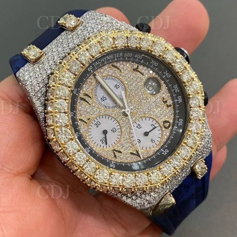 Custom Design Men's VVS Moissanite Studded Iced Out Watch For Men Blue Camo Silicon Belt Bust Down Handmade gold plated Watches  customdiamjewel   