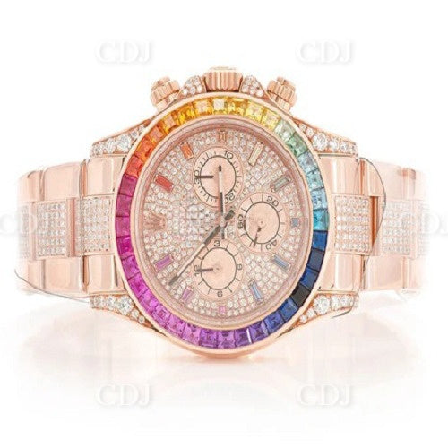 Handmade Rainbow Dial Custom Made Full Rose Gold Rolex Chrono Wrist Watch customdiamjewel