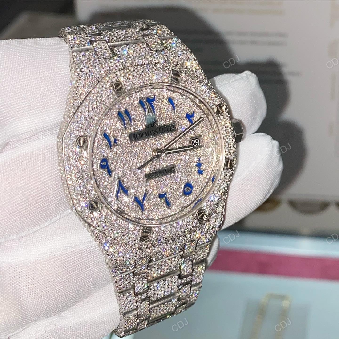 Full Iced Out Arabic Blue Numerical Moissanite Watch hip hop jewelry CustomDiamJewel   