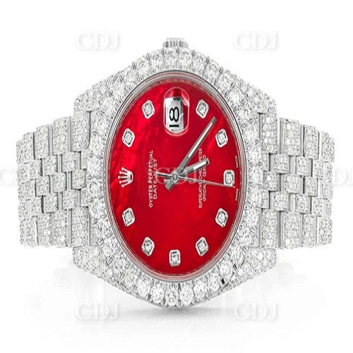 Iced Out VVS Moissanite Diamond Watch Red Dial Rolex Date Just Watch 17.61 CTW (Approx)  customdiamjewel   