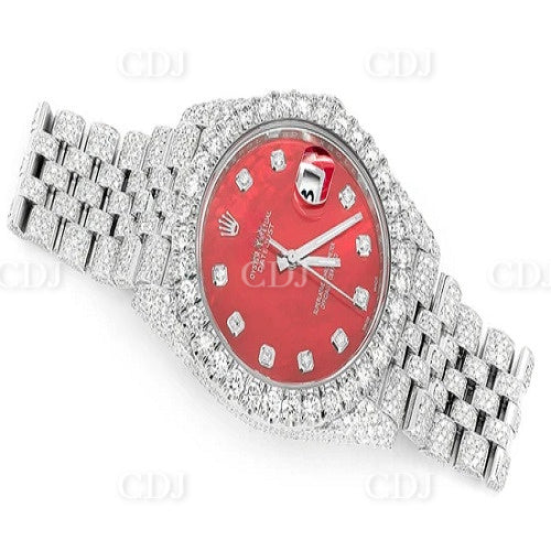 Iced Out VVS Moissanite Diamond Watch Red Dial Rolex Date Just Watch 17.61 CTW (Approx)  customdiamjewel   