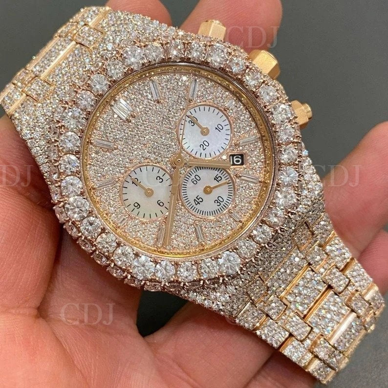 Luxury Customize Iced Out VVS Moissanite Diamond Hip Hop Mechanical Watches Gold Plated Stainless Steel Bust Down Wrist Watches  customdiamjewel   